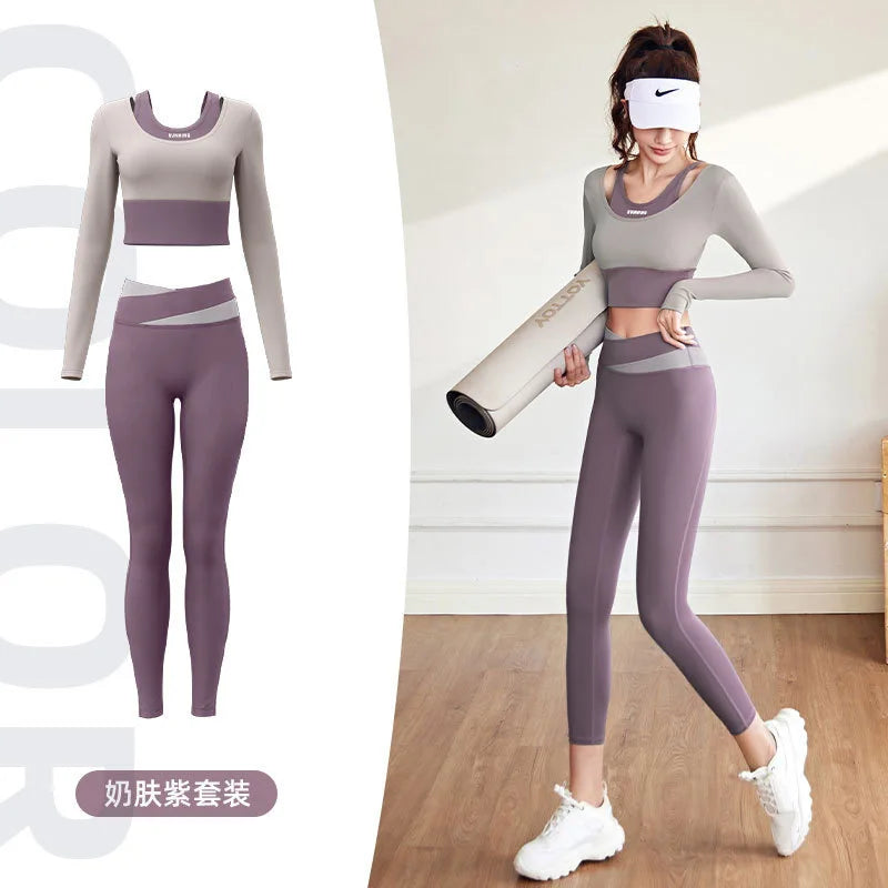 Women's Yoga Set Long Sleeve Gym Crop Top High Waist Leggings Quick Dry Breathable Pilates Fitness Sports Wear