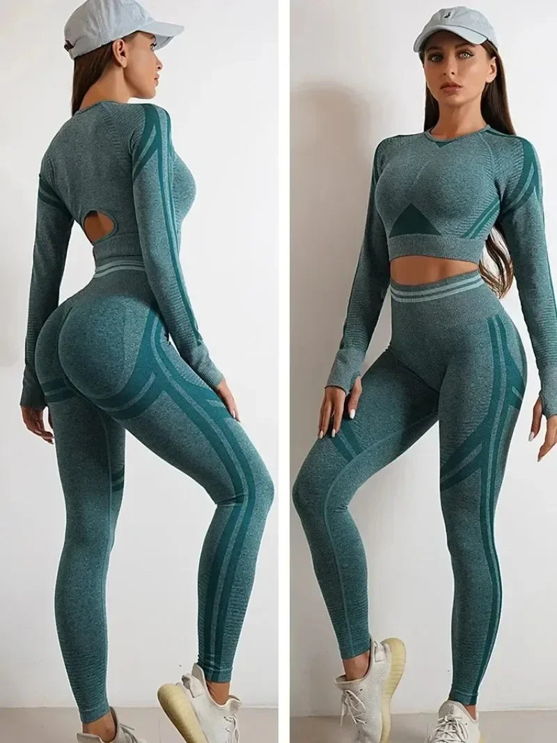Women's Yoga Clothing Set Long Sleeve Leggings Pants for Gym Fitness Tracksuit Active Wear Workout Clothes