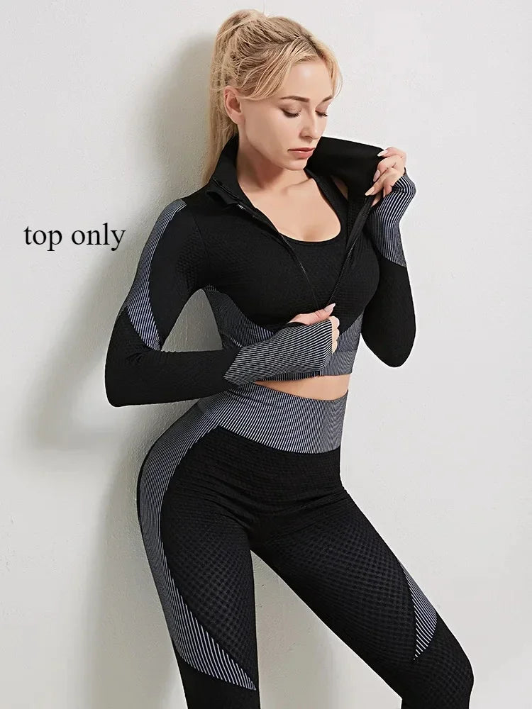 Women's Yoga Set for Gym Fitness Outfit with Zipper Long Sleeve Crop Bra Top and Leggings Separately Sold