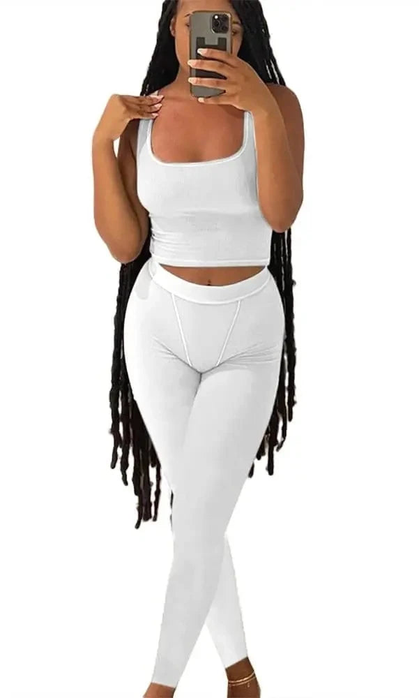 Women's Ribbed Lounge Wear 2 Piece Set Casual Summer Outfit Sleeve Top with Elastic Leggings Junior Size Eye Catching Solid Color