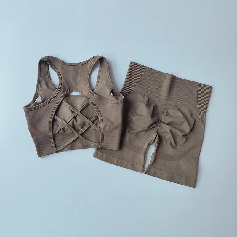 2 PCS Women's Seamless Yoga Set High-Waist Sports Shorts Sleeveless Workout Suit Fitness Gym Wear Sexy Breathable Quick Dry