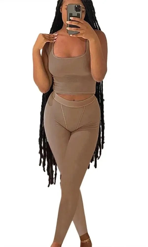 Women's Ribbed Lounge Wear 2 Piece Set Casual Summer Outfit Sleeve Top with Elastic Leggings Junior Size Eye Catching Solid Color