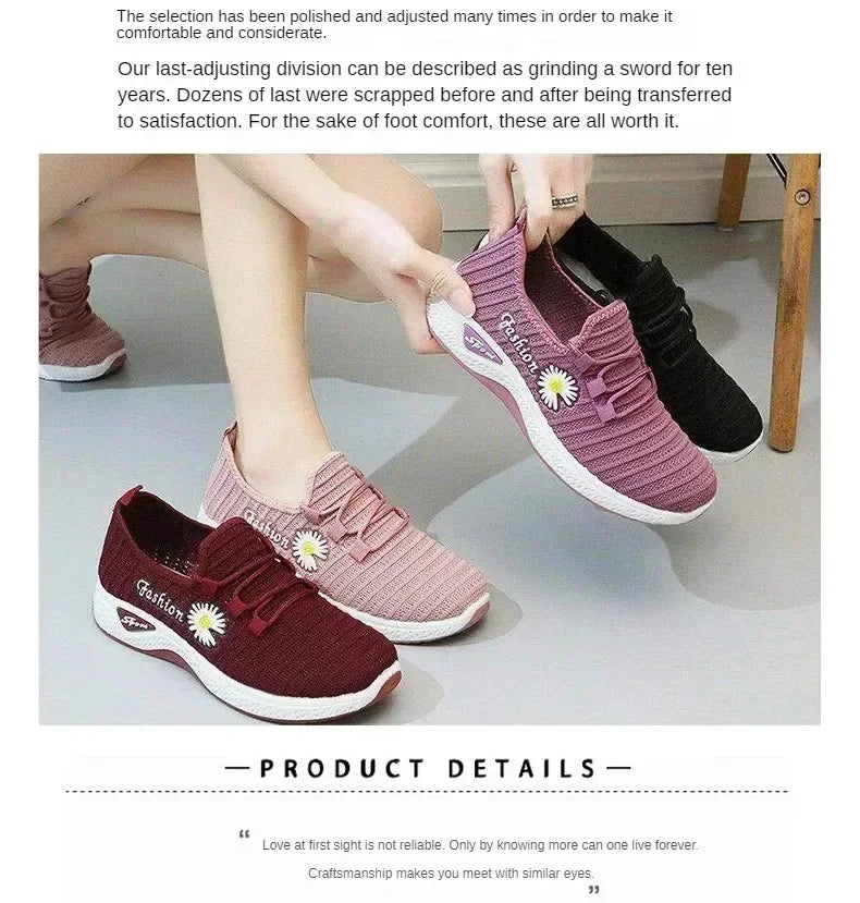 Women's Casual Sports Shoes Autumn Style Lace-Up True Fly Weaving Cloth Little Daisy Pattern Comfortable Walking Flats