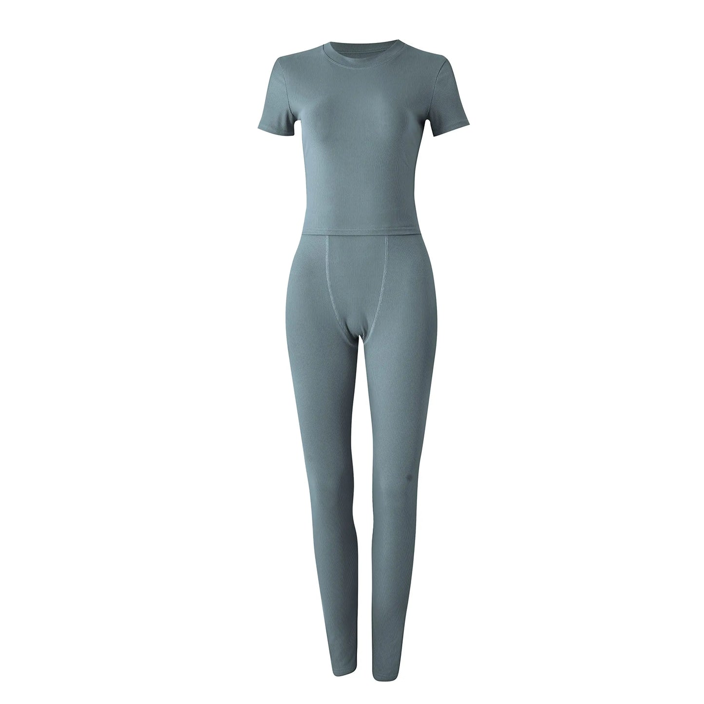 Women's Ribbed Lounge Wear 2 Piece Set Casual Summer Outfit Sleeve Top with Elastic Leggings Junior Size Eye Catching Solid Color