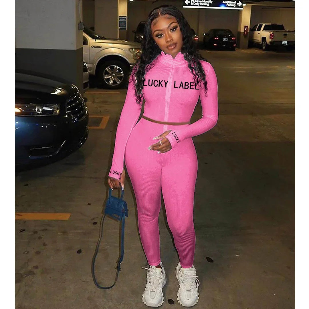 Women's High-Necked 2-Piece Sport Suit with Embroidered Letters And Zipper Casual Polyester Pant Set
