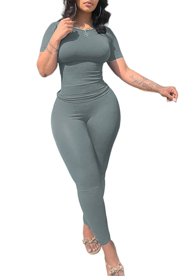 Women's Ribbed Lounge Wear 2 Piece Set Casual Summer Outfit Sleeve Top with Elastic Leggings Junior Size Eye Catching Solid Color