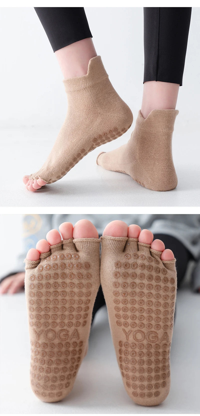 Breathable Cotton Yoga Socks with Anti-Slip Silicone Grip for Fitness Ballet Dance Gym Pilates Open Toe Five Finger Design
