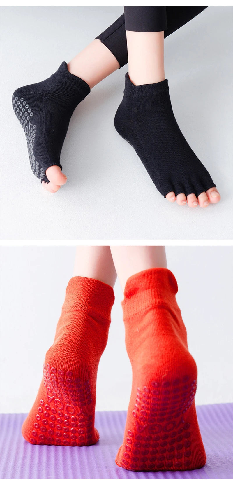 Breathable Cotton Yoga Socks with Anti-Slip Silicone Grip for Fitness Ballet Dance Gym Pilates Open Toe Five Finger Design