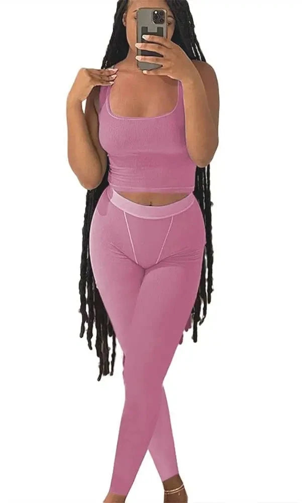 Women's Ribbed Lounge Wear 2 Piece Set Casual Summer Outfit Sleeve Top with Elastic Leggings Junior Size Eye Catching Solid Color