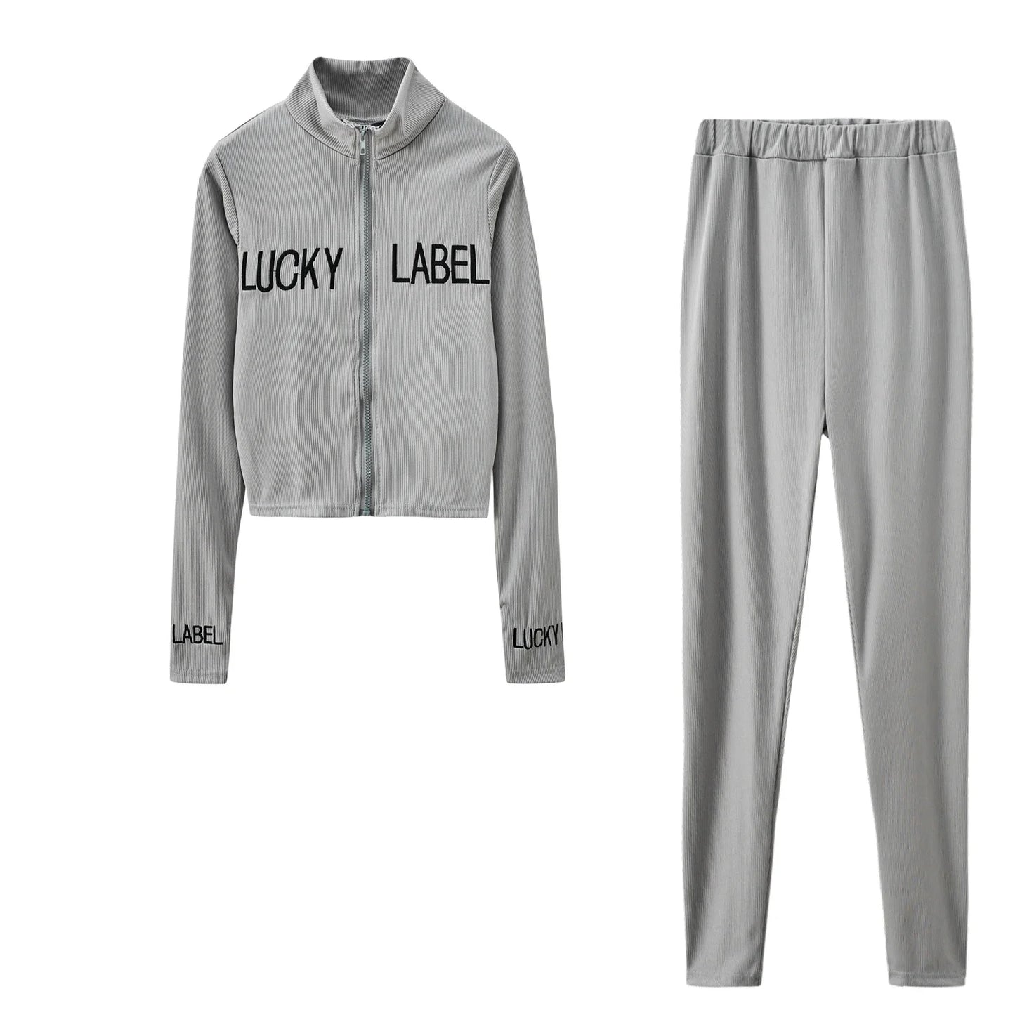 Women's High-Necked 2-Piece Sport Suit with Embroidered Letters And Zipper Casual Polyester Pant Set