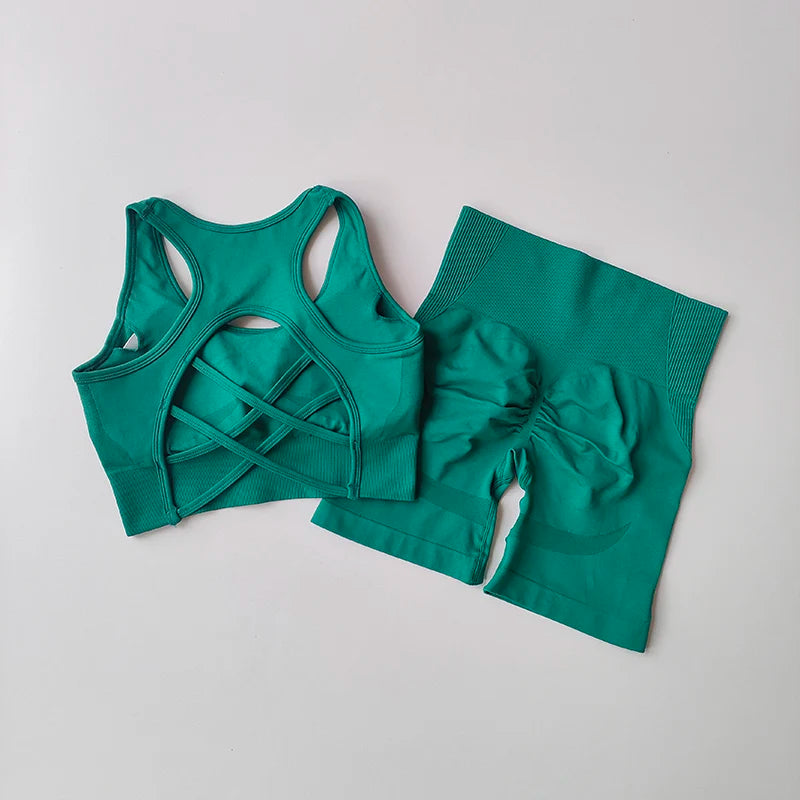 2 PCS Women's Seamless Yoga Set High-Waist Sports Shorts Sleeveless Workout Suit Fitness Gym Wear Sexy Breathable Quick Dry