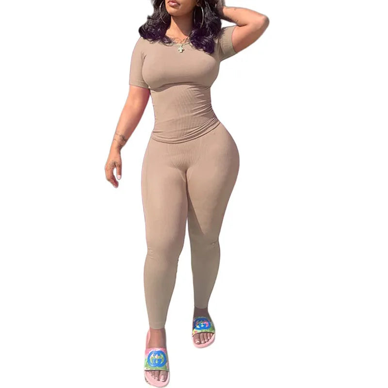 Women's Ribbed Lounge Wear 2 Piece Set Casual Summer Outfit Sleeve Top with Elastic Leggings Junior Size Eye Catching Solid Color