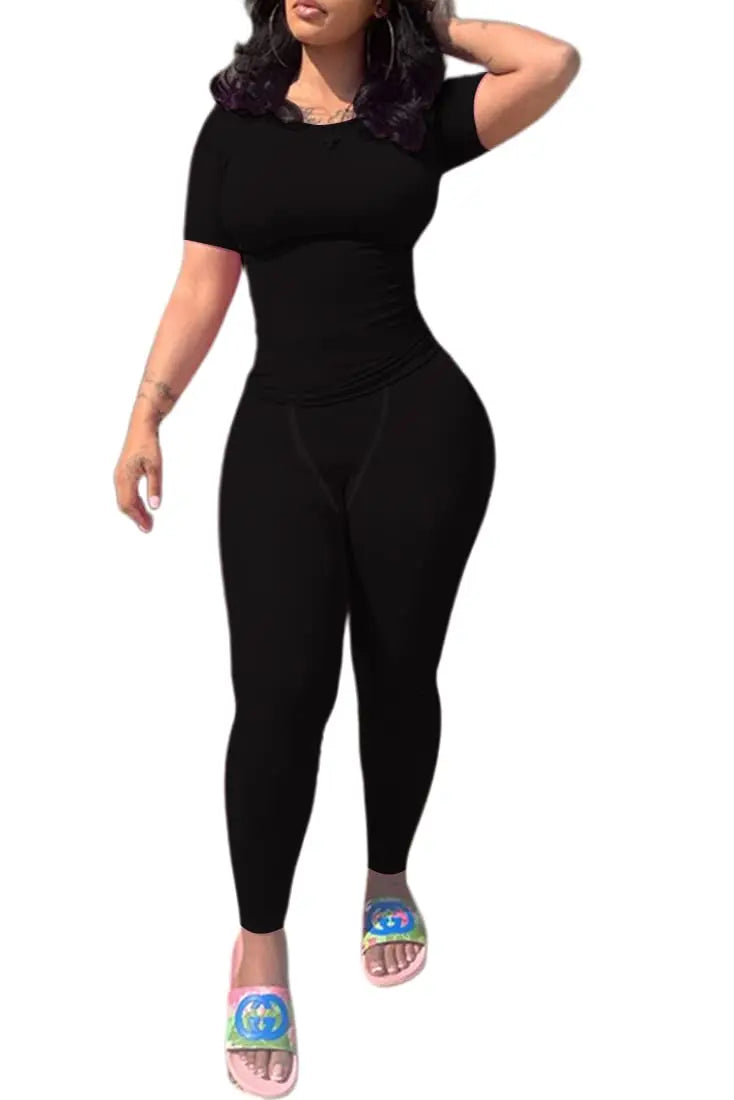 Women's Ribbed Lounge Wear 2 Piece Set Casual Summer Outfit Sleeve Top with Elastic Leggings Junior Size Eye Catching Solid Color