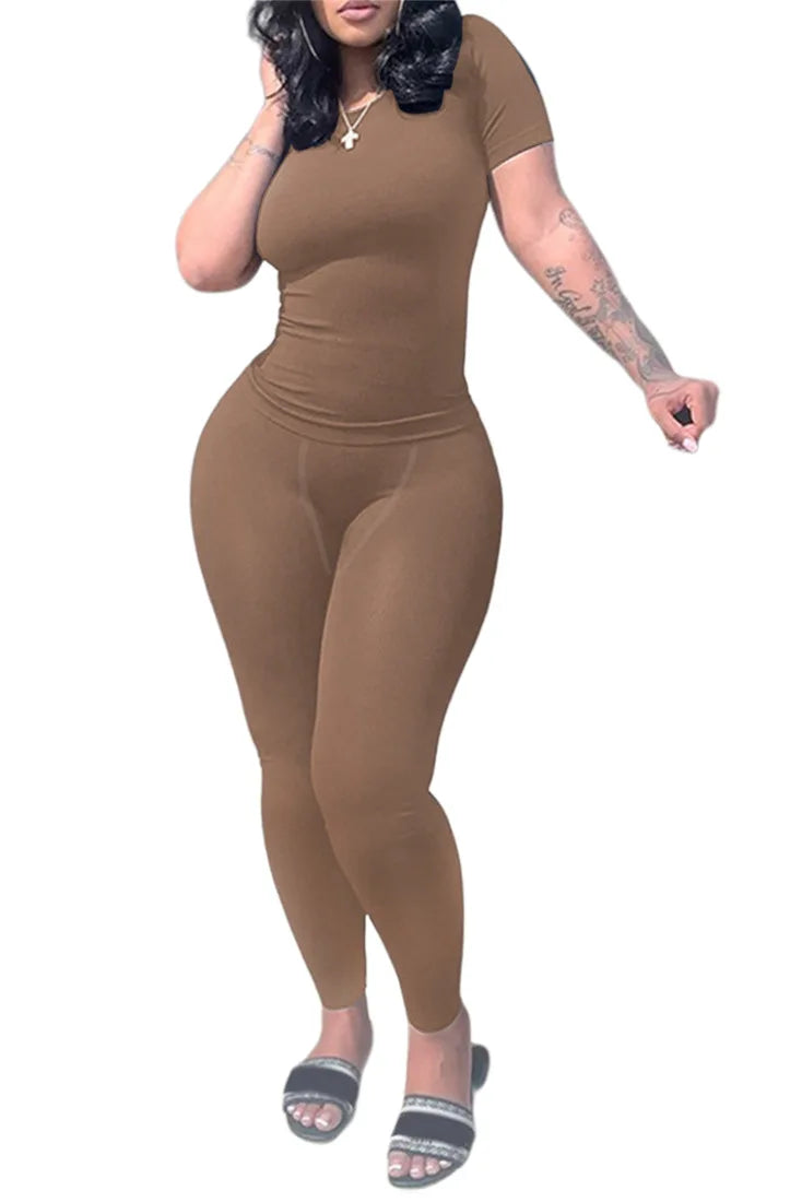 Women's Ribbed Lounge Wear 2 Piece Set Casual Summer Outfit Sleeve Top with Elastic Leggings Junior Size Eye Catching Solid Color