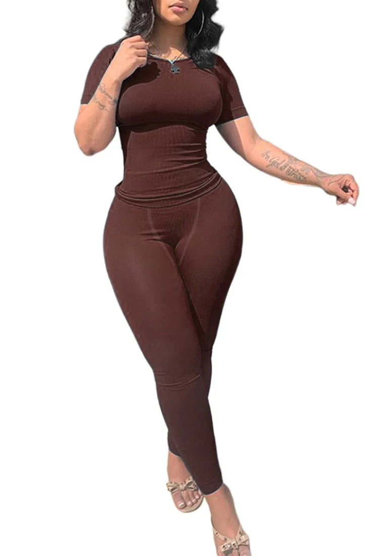 Women's Ribbed Lounge Wear 2 Piece Set Casual Summer Outfit Sleeve Top with Elastic Leggings Junior Size Eye Catching Solid Color