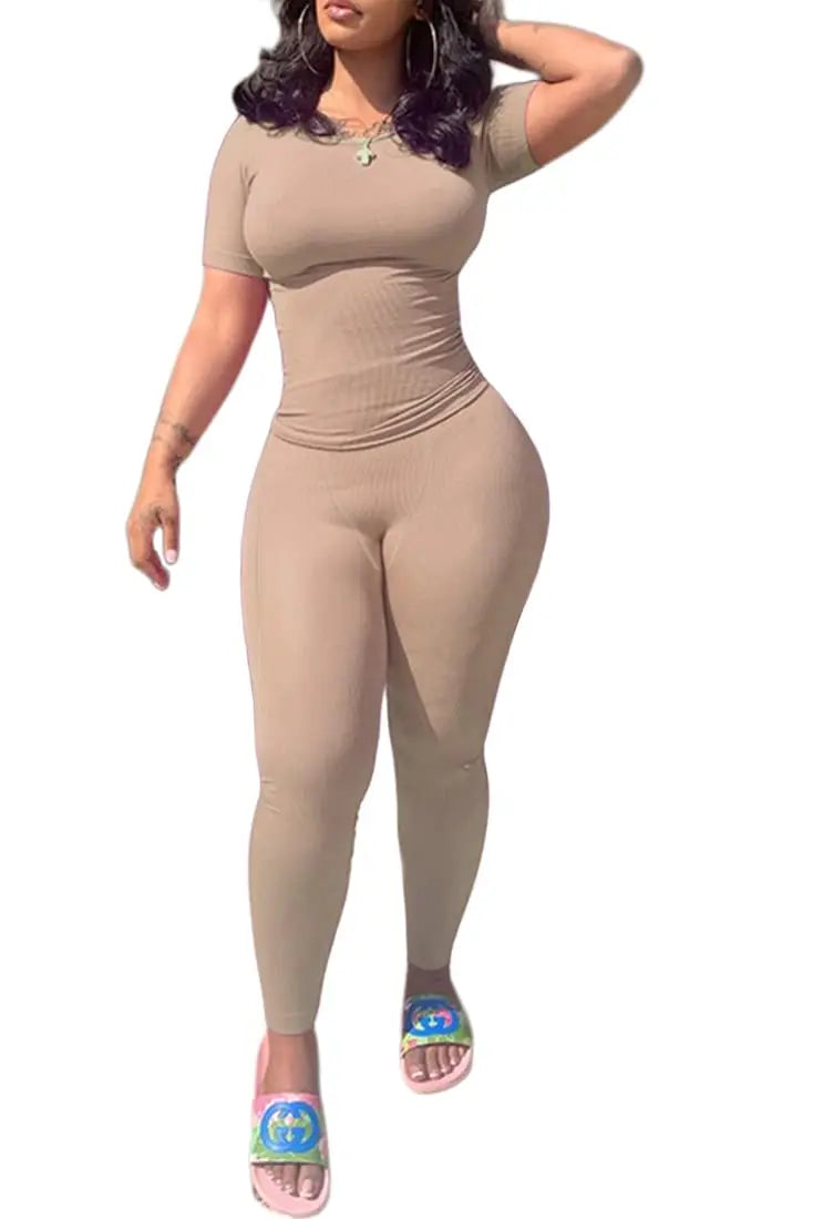Women's Ribbed Lounge Wear 2 Piece Set Casual Summer Outfit Sleeve Top with Elastic Leggings Junior Size Eye Catching Solid Color